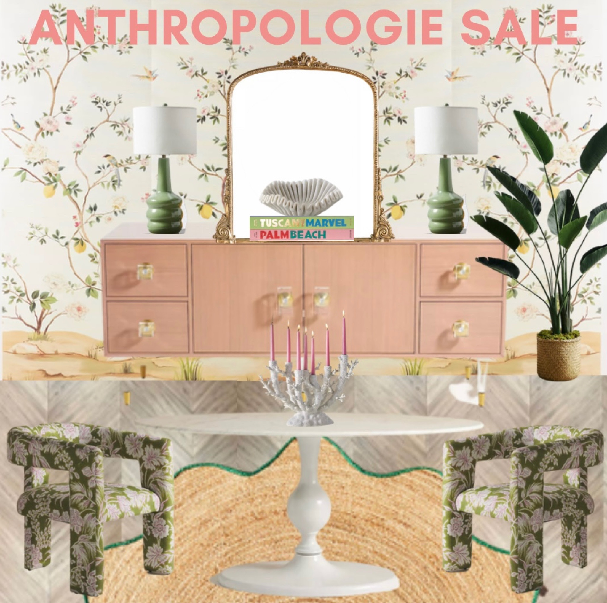 Anthropologie Sale. Dining room. Buffet sideboard gloss. Pink. Primrose mirror. Green lamps. Faux plant. Assouline coffee table books. Decorative wavy bowl. Lacquer dining table. Upholstered chairs. Scallop jute rug. Chinoiserie wall panel. Wallpaper. Grandmillennial. Traditional home. Coral candleholder  

#LTKsalealert #LTKxAnthro #LTKhome