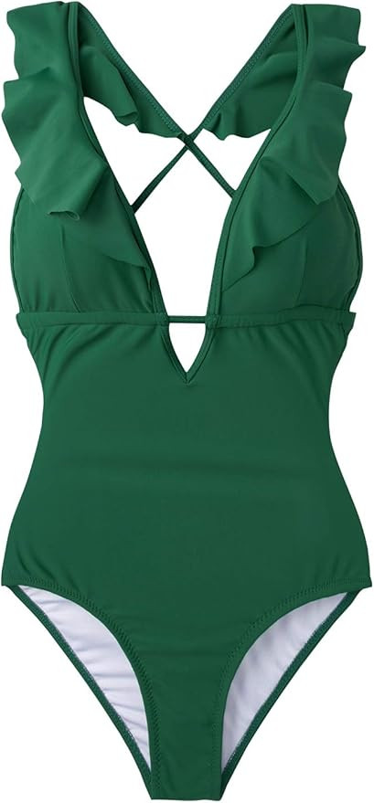 CUPSHE Women's One Piece Swimsuit Ruffle Deep V Neck Strappy Swimwear Bathing Suits | Amazon (US)