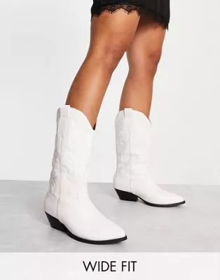 ASOS DESIGN Wide Fit Andi flat western knee boots in white | ASOS (Global)