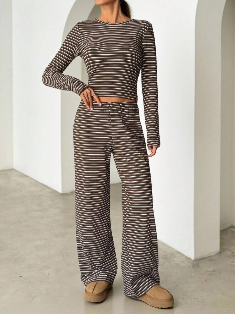 SHEIN Tall Women's Casual Homewear Pajama Set, Includes Striped Crew Neck Long Sleeve Tee And Loose Striped Straight Leg Pants, Suitable For Daily Wear, Sports, Autumn/Winter, Back To School Clothes Brown Striped Two Pieces Set,Fall,Fall Clothes For Women | SHEIN