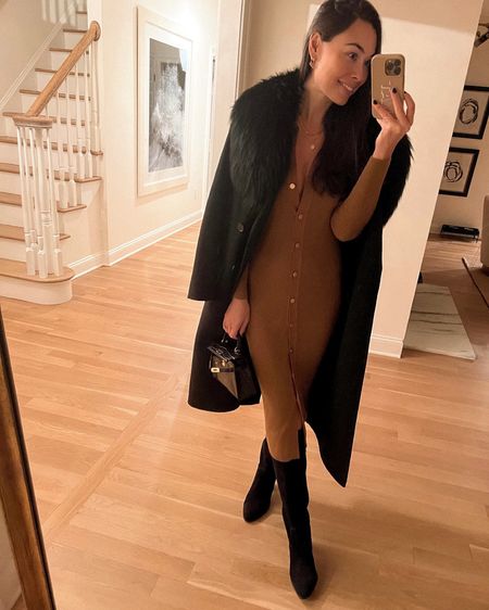 Kat Jamieson of With Love From Kat shares a winter outfit. Wool coat, fur collar, knit midi dress, suede boots, classic style. Use code LUXE20 for 20% off Lily & Bean!

#LTKSeasonal #LTKshoecrush #LTKstyletip