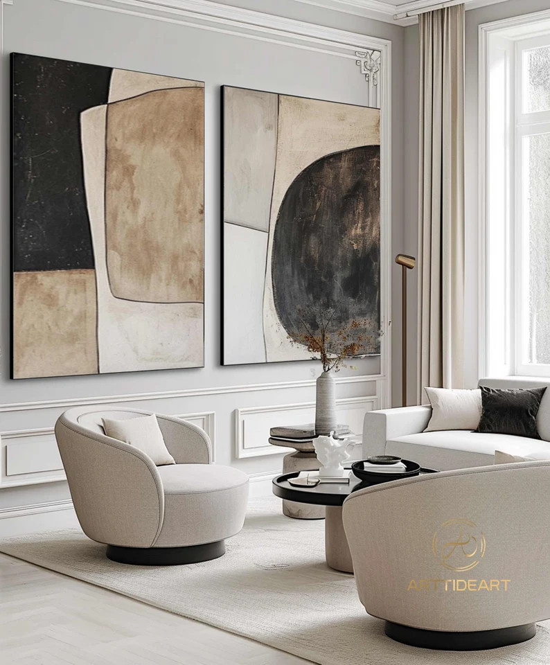 Large Beige Wabi-sabi Wall Art Beige Black Texture Painting Neutral Minimalist Wall Art Set of 2 ... | Etsy (US)