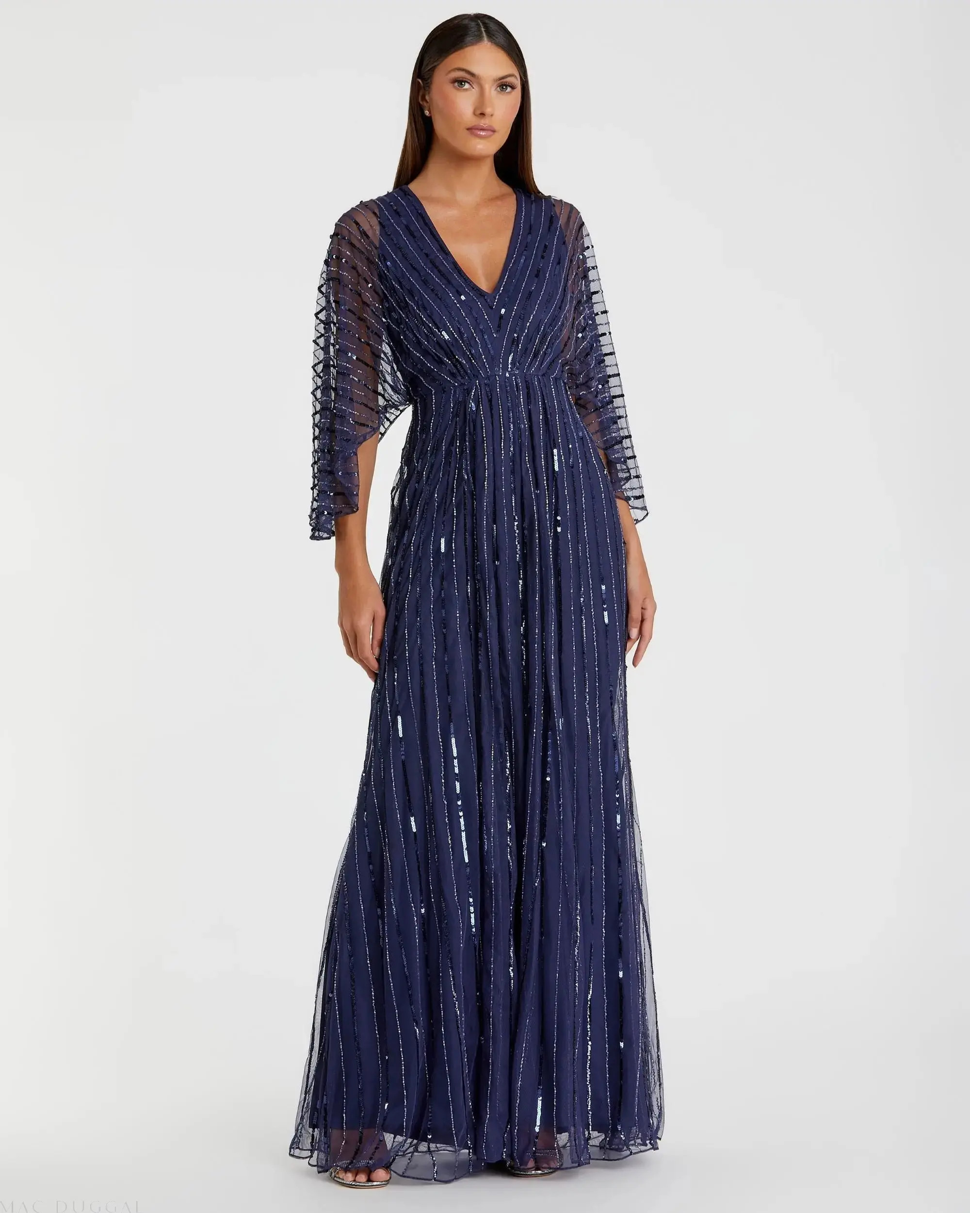 Navy Beaded Striping Kimono Sleeve V Neck Gown - Mac Duggal | Mac Duggal
