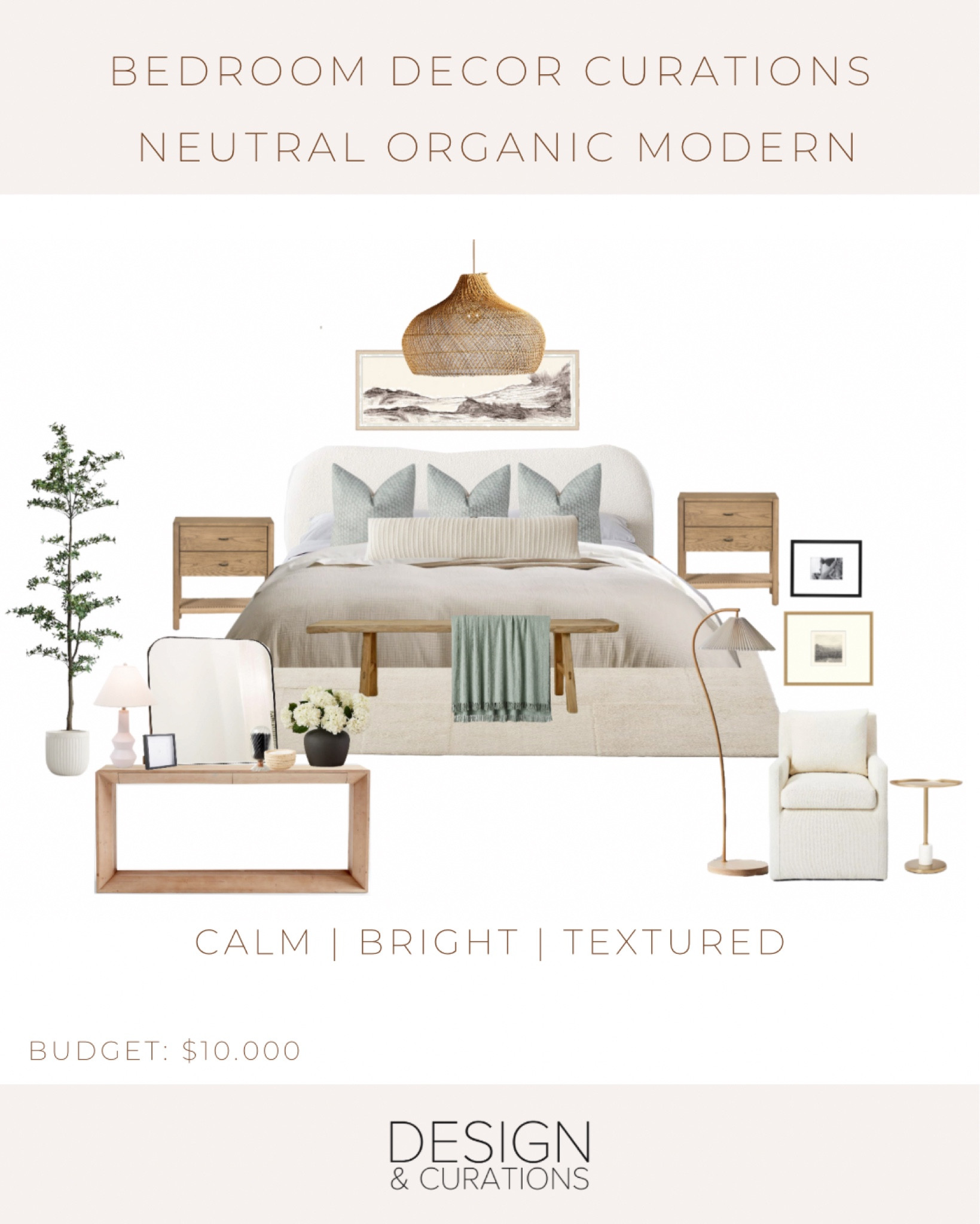 Home decor, home styling! Neutral calm bedroom decor, bedroom design, bedroom decor ideas. 
Console styling, seating decor, organic modern design style bedroom! 
Rattan pendant light, white wool rug, beddings

#LTKhome #LTKFind
