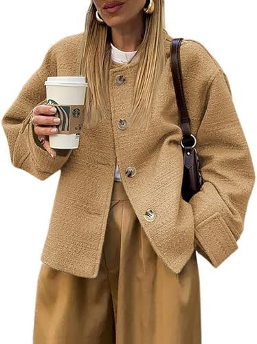 Tweed Jackets for Women Fall Long Sleeve Business Button Down Casual Cropped Blazer with Pockets | Amazon (US)