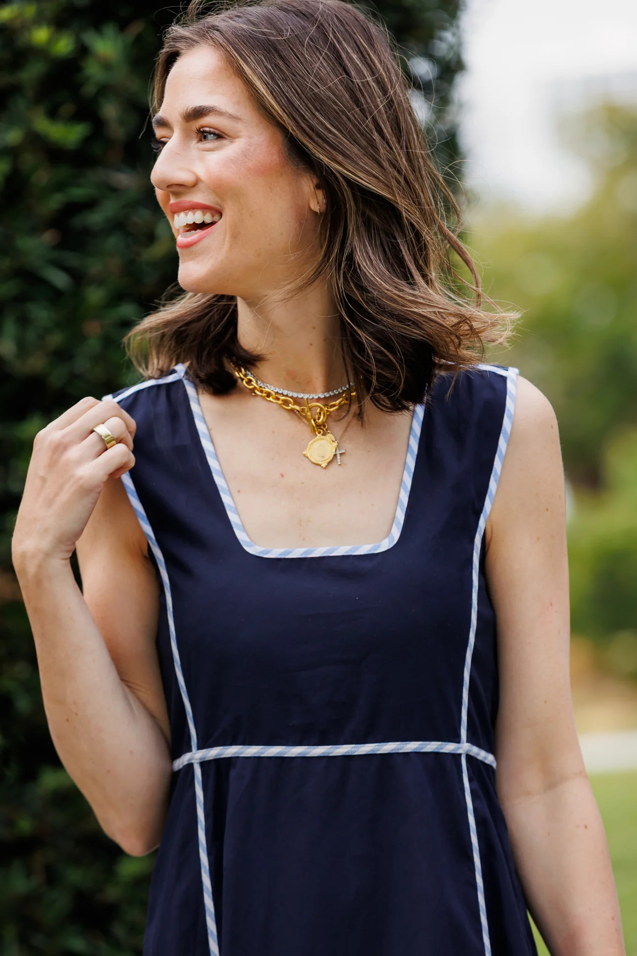 Landon Dress in Navy Silky Oxford | Duffield Lane