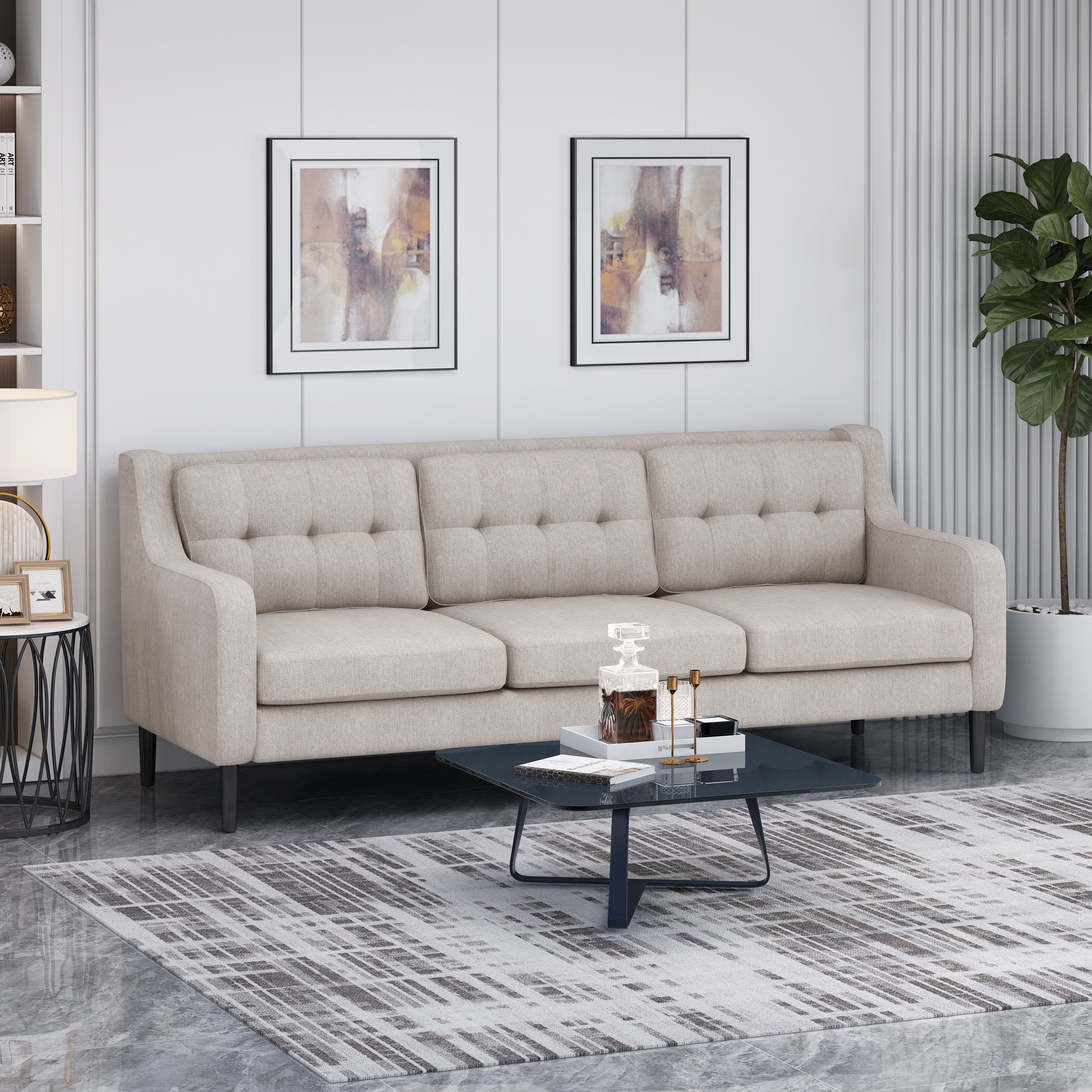 Lagom Walter Scandinavian Tufted Fabric 3 Seater Sofa, Beige, Espresso | Walmart (US)