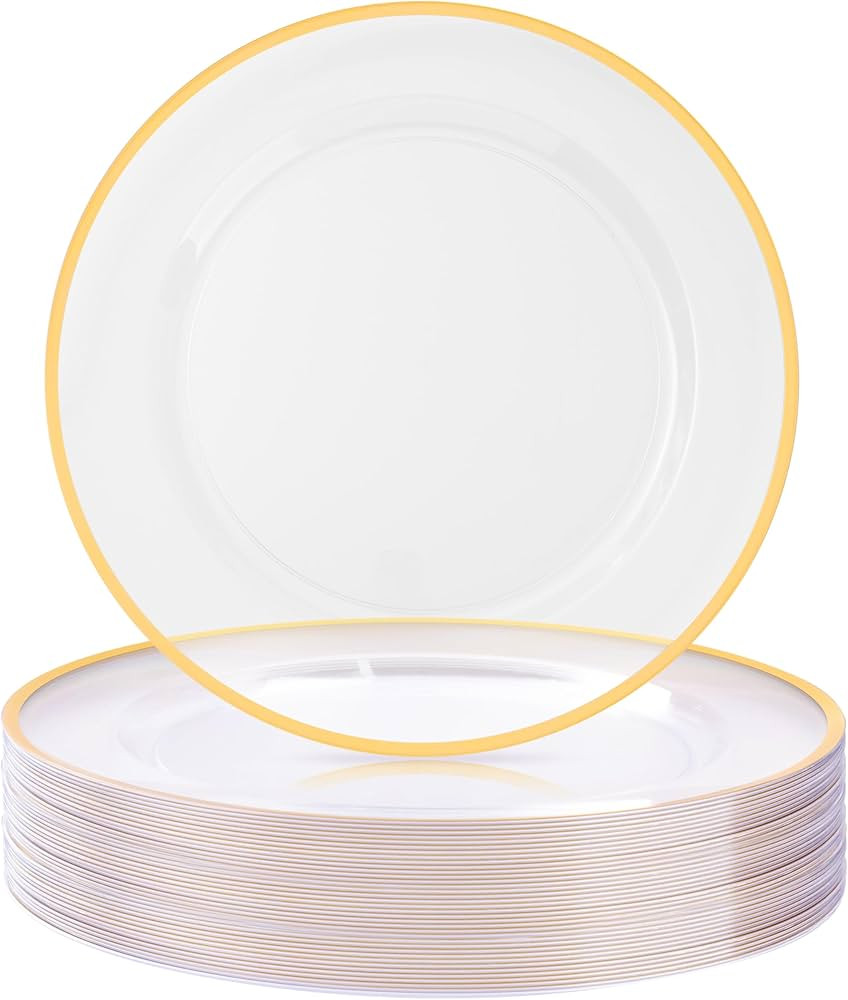 BESTSTAR 12 Inch Disposable Decor Charger Plates, 50 Pack Plastic Clear Plates with Gold Rim, Per... | Amazon (US)