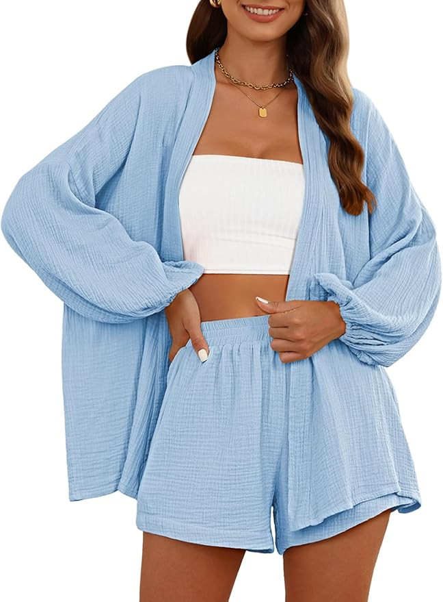 Pink Queen Women's 2 Piece Tracksuit Outfit Long Sleeve Belted Kimono Blouse High Waisted Shorts ... | Amazon (US)