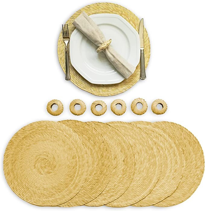 Amazon.com: Natural Woven Round Placemats Set of 6 (with Napkin Rings) - Handmade Round Placemats... | Amazon (US)