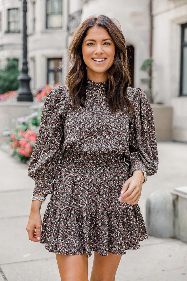 LIVING MY BEST STYLE X PINK LILY Sullivan Square Mock Neck Floral Olive Dress | The Pink Lily Boutique