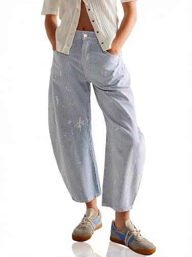 PEIHOT Striped Barrel Jeans for Women Trendy Cropped High Waisted Wide Leg Loose Denim Pants 2026 Blue | Amazon (US)