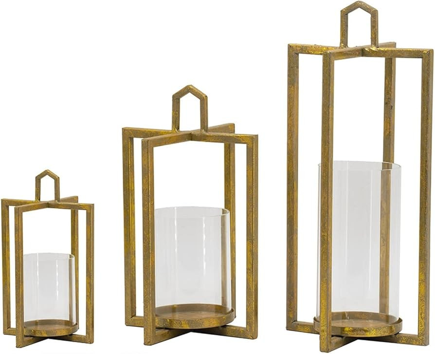 Benjara 19, 15, 11 Inch Lanterns, Set of 3, Tea Light Glass Holders, Modern, Gold and Clear | Amazon (US)