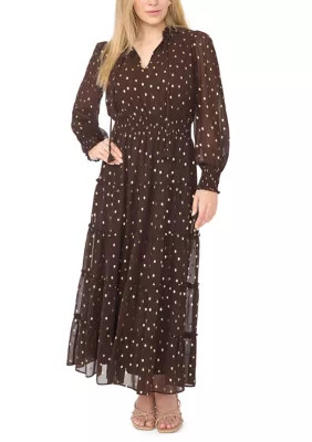 Petite Polka Dot Tie Neck Tiered Chiffon Maxi Dress | Belk