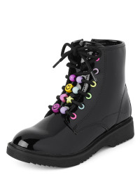Girls Beaded Lace-Up Faux Patent Leather Boots | The Children's Place  - BLACK | The Children's Place