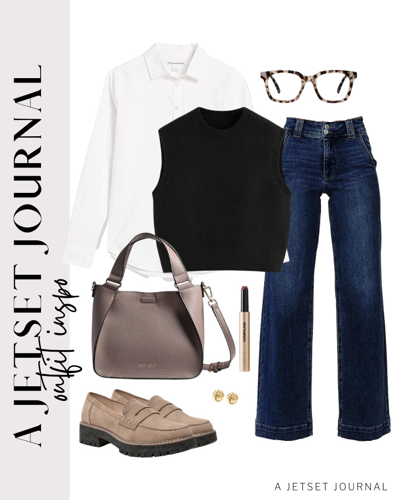 We love this black sweater vest from CIDER paired with a white button-down shirt and wide-leg jeans from Astylish. This smart-casual look is perfect with chunky platform loafers and blue light-blocking glasses. Grab your Calvin Klein crossbody bag, too! 

 #LTKSeasonal #LTKSaleAlert #LTKTravel