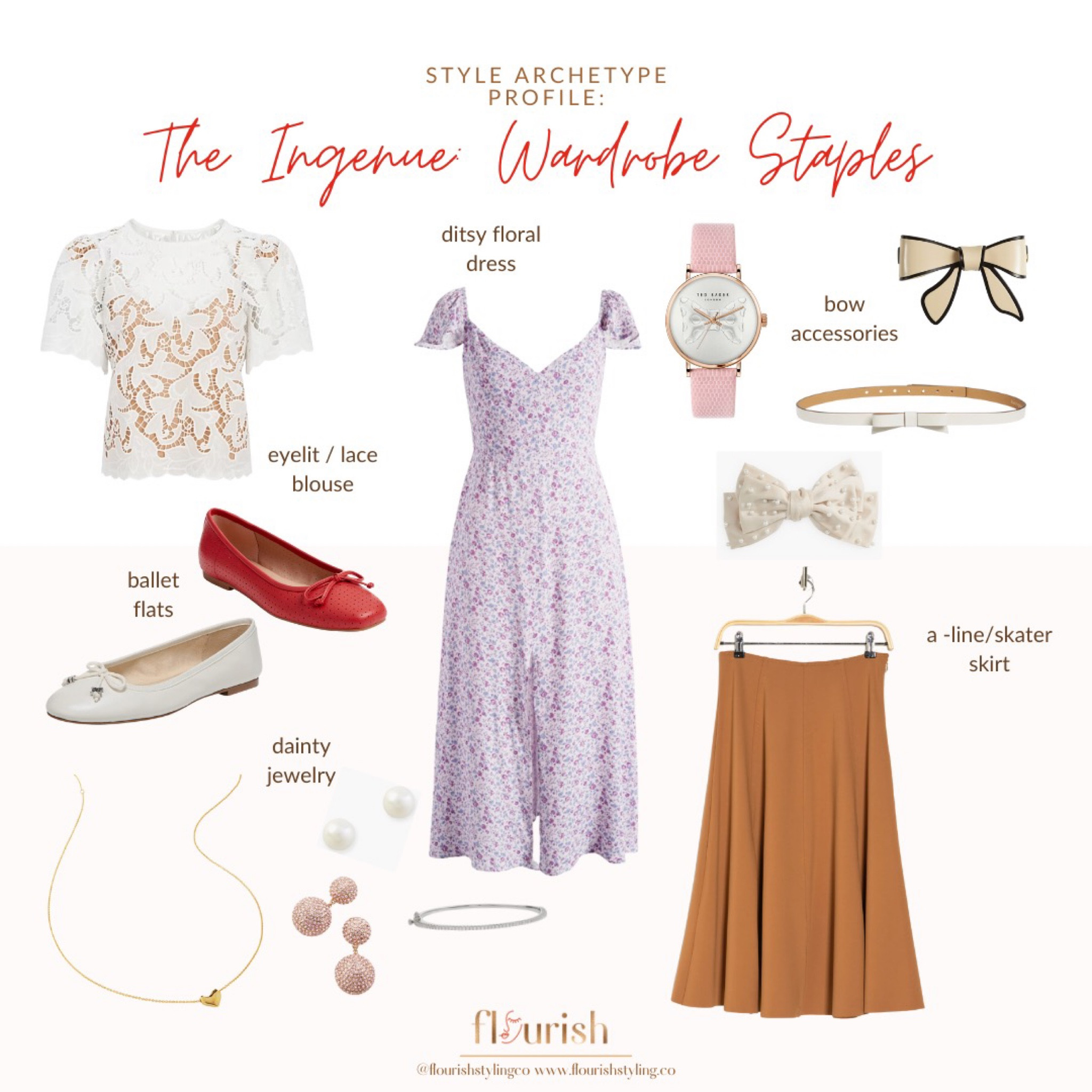 Introducing the wardrobe staples you’d be sure to find in the closet of an Ingenue! Being the embodiment of youthful sweetness and charm, this Archetype tends to present as a “girl-next-door” type who values perfection and being put together. Peeking into their closet, you'll find dreamy ditsy floral outfits and pristine eyelet or lace tops. Paired with timeless ballet flats, they're always poised for the next adventure. Bow accessories are their go-to for that extra flair, while dainty jewelry adds a gentle sparkle. And let's not forget their trusty A-line skirt, swishing gracefully with every step. 
#ingenue #styleguide #girlystyle


#LTKSeasonal #LTKstyletip #LTKshoecrush