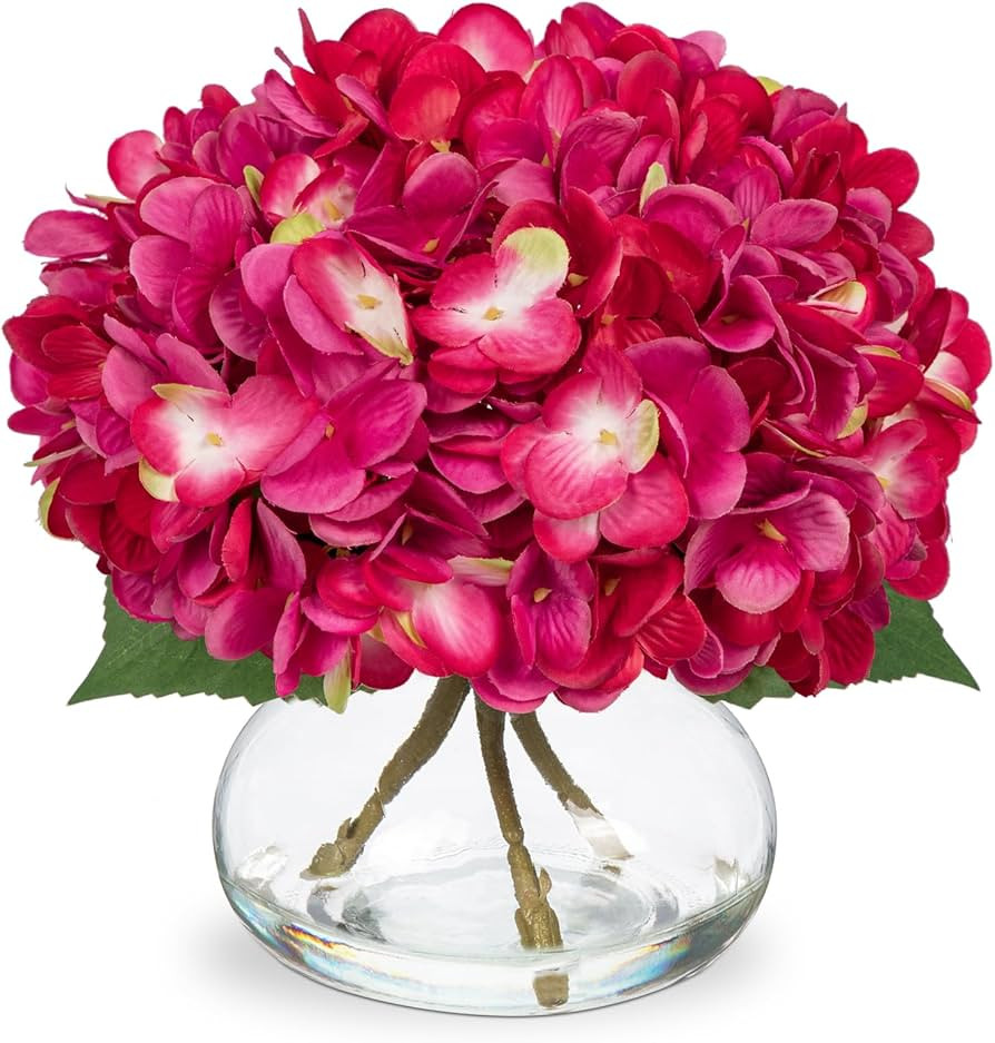 Hollyone Hydrangea Artificial Flowers with Glass Vase Fuchsia Silk Faux Flowers Arrangements in V... | Amazon (US)