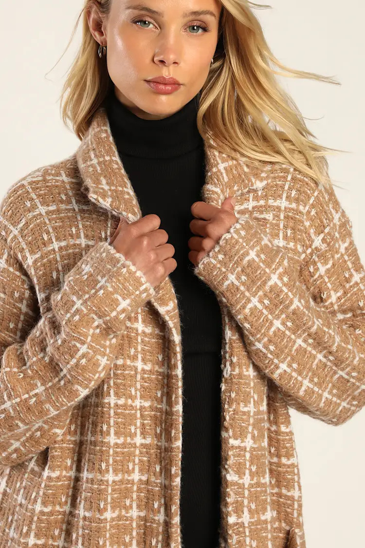 Cozy Conditions Tan and White Knit Plaid Coatigan | Lulus