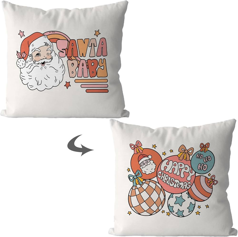 KEUSPI Retro Preppy Santa Baby Happy Christmas Christmas Ball Decor Decorative Reversible Pillowc... | Amazon (US)