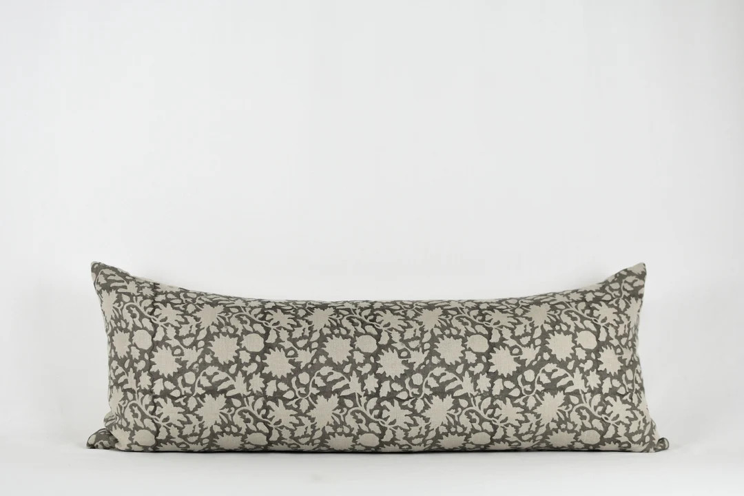 Lorenzo Long Lumbar Pillow Linen Warm Charcoal Floral Block Print California Cool, Modern Farmhou... | Etsy (US)