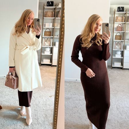 Wore this comfy sweater dress today then styled it up for girls night with an ivory wool coat and blush booties. Wearing my a size medium and it’s very forgiving! Would be bump friendly too  

#LTKSeasonal