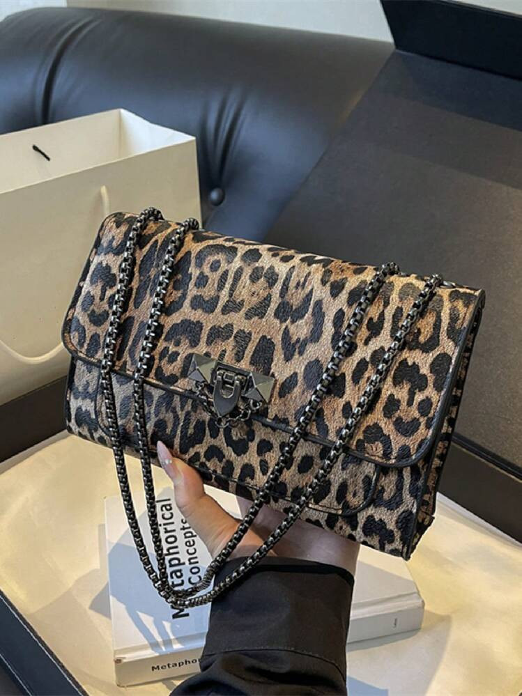 A Vintage Fashion Leopard Print Bag, Hardware Lock Closure, Flap Opening, Metal Double Chain, Mul... | SHEIN