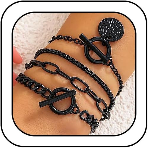 Goth Black Stackable Bracelets Jewelry Set for Women Gothic Y2k Accessories | 4Pcs Statement Gold... | Amazon (US)