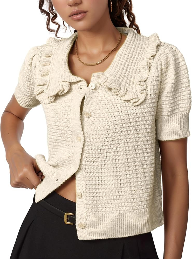 Watashi Womens Short Sleeve Cardigan Casual Button Down Ruffle Collared Lightweight Knittwear Sum... | Amazon (US)