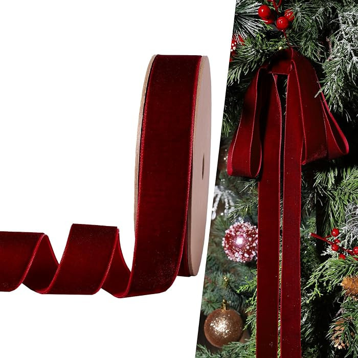 LaRibbons Burgundy Velvet Ribbon 1 Inch x 25 Yards Thin Velvet Ribbon for Christmas Tree, Gift Wr... | Amazon (US)