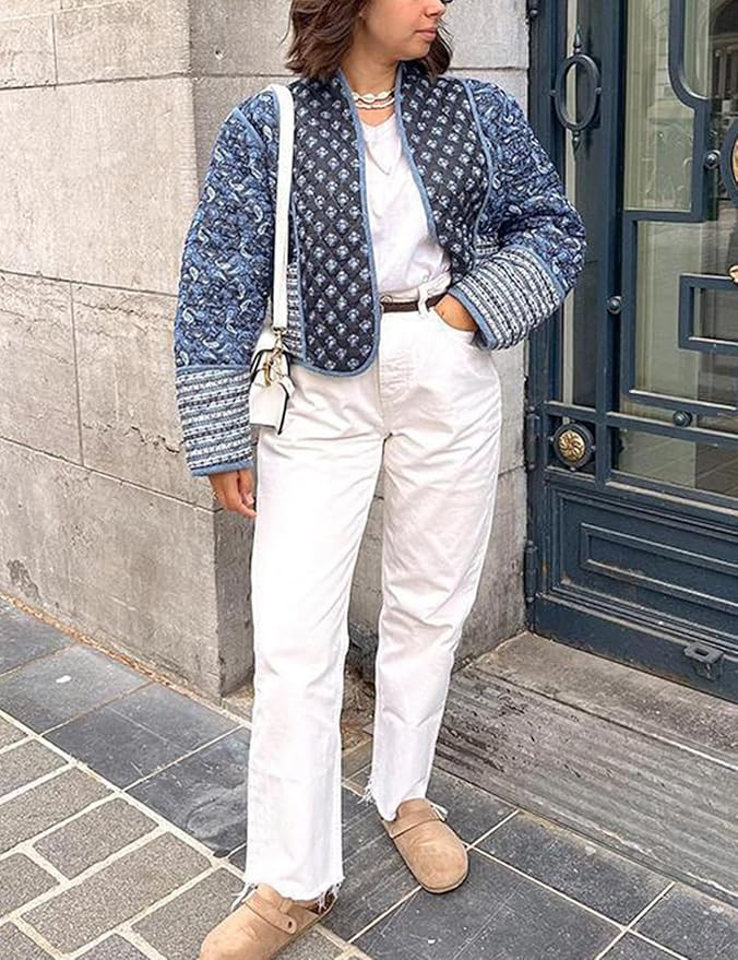 Wyeysyt Women's Cropped Puffer Quilted Jacket Cardigan Floral Printed Lightweight Long Sleeve Ope... | Amazon (US)