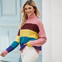 Colorblock High Neck Cable Knit Sweater | SHEIN