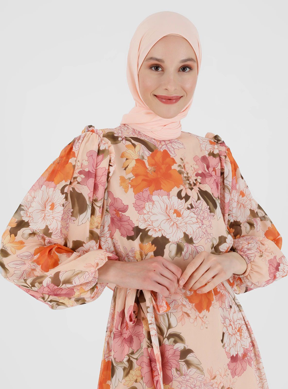 Shoulder Ruffled Floral Patterned Chiffon Modest Dress Powder Salmon | Modanisa (US)