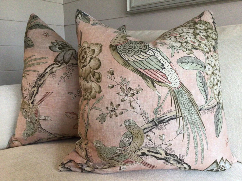 Anna French for Thibaut “Villeneuve” in Blush bird and floral cover | Etsy (US)