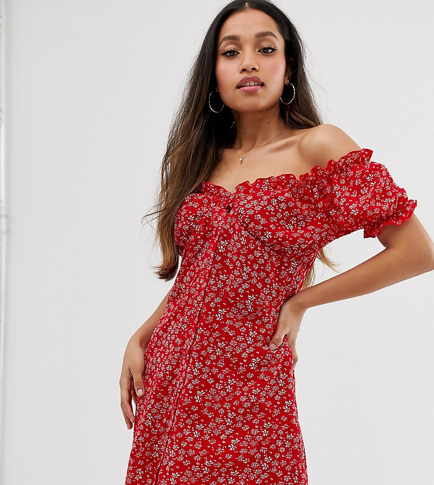 Boohoo Petite exclusive off shoulder skater dress in red ditsy floral-Multi | ASOS (Global)