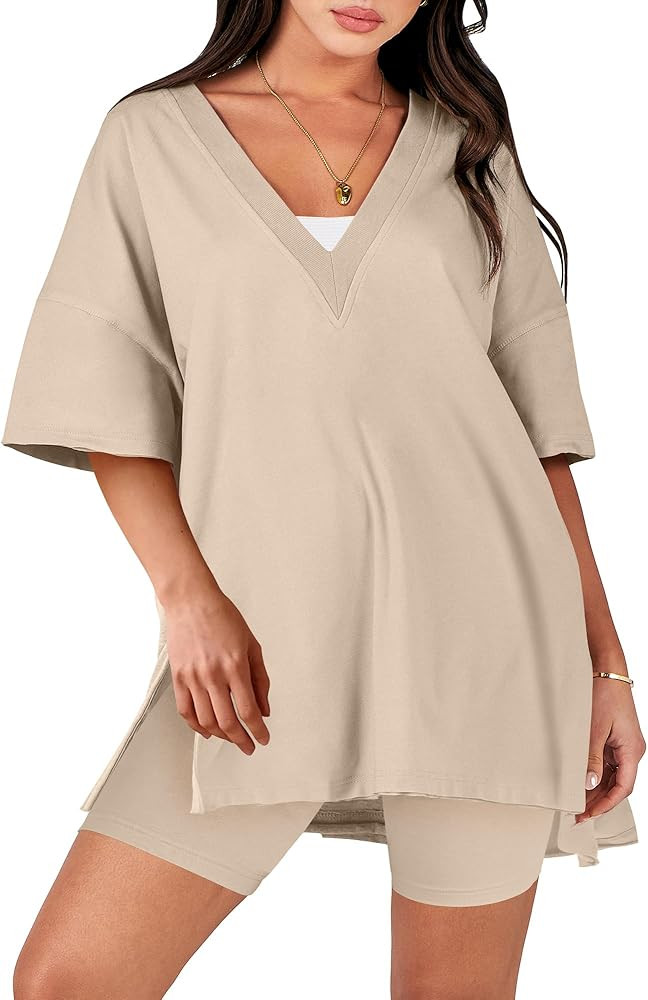 ANRABESS Women's 2 Piece Outfit Sets Casual Oversized Reversible T-Shirt Tops Biker Shorts Workou... | Amazon (US)