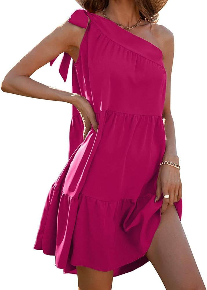 Chennie Ruffled Dress One Shoulder Casual Dresses Solid Color Sleeveless Short Dress Party Summer... | Amazon (US)