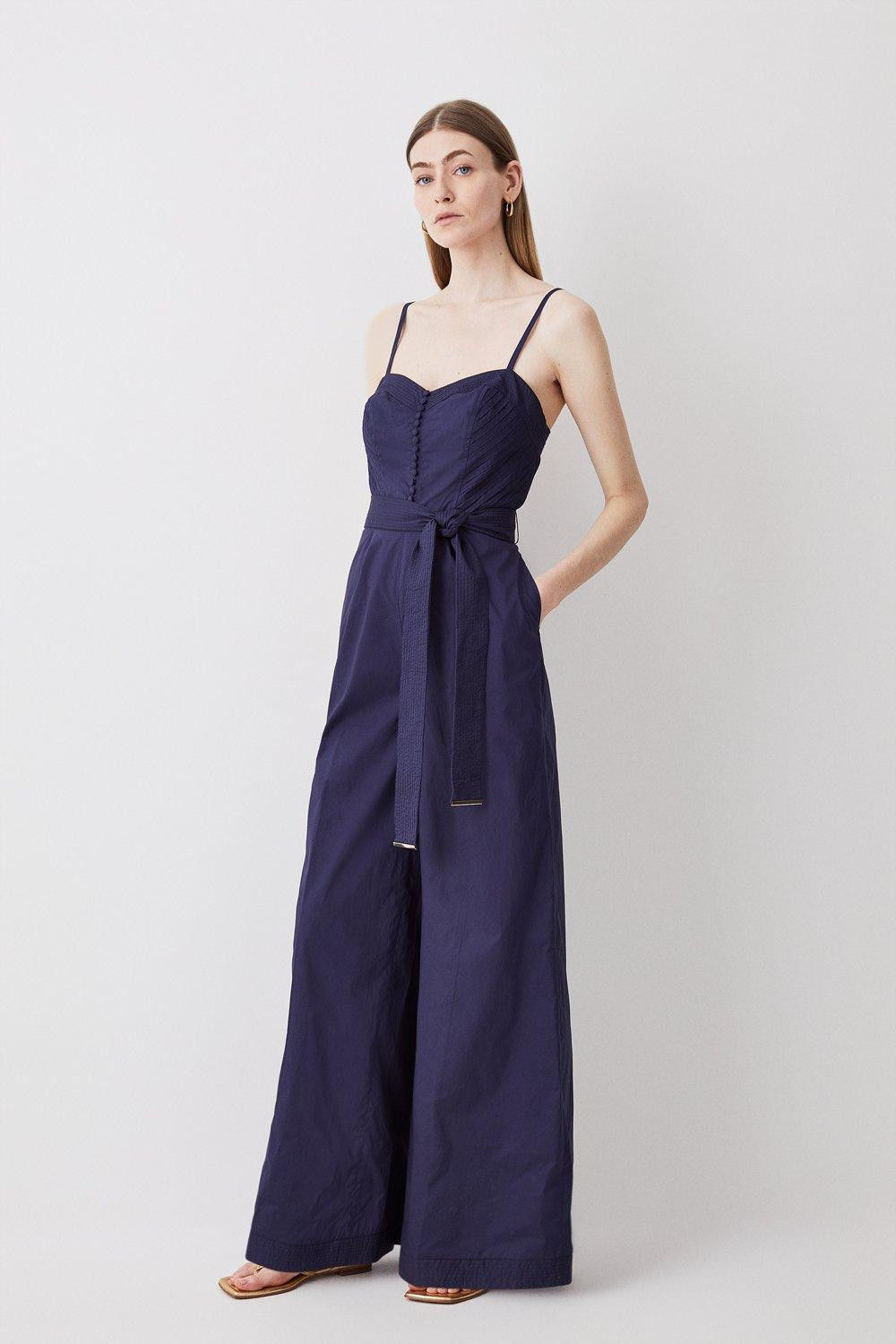 Cotton Top Stitch Pleated Jumpsuit | Karen Millen US