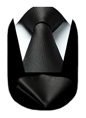 HISDERN Black Ties for Men Solid Black Tie with Pocket Square Set Formal Business Mens Ties Handkerchiefs Plain Plaid Checkered Silk Necktie Wedding | Amazon (US)