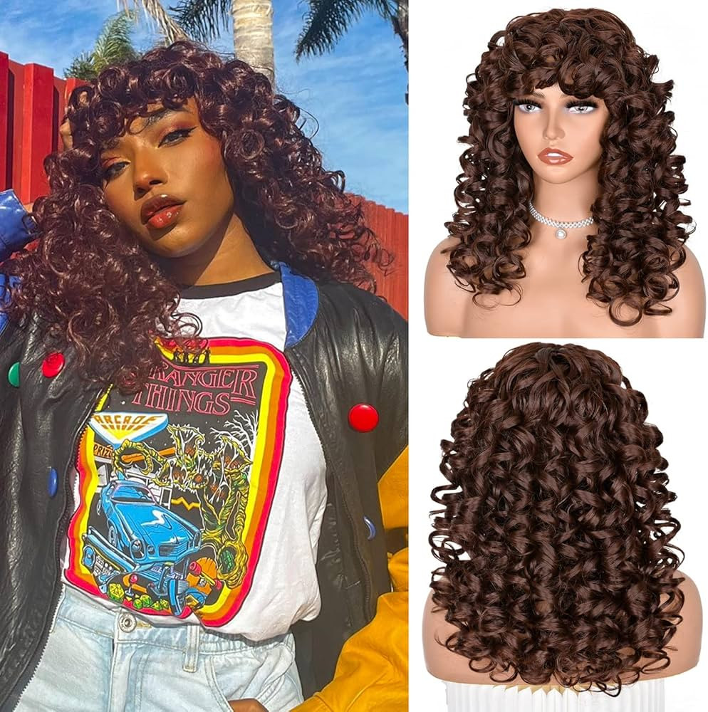 ANNISOUL Brown Curly Wigs for Black Women Long Curly Afro Wig with Bangs for Women Big Bouncy Flu... | Amazon (US)