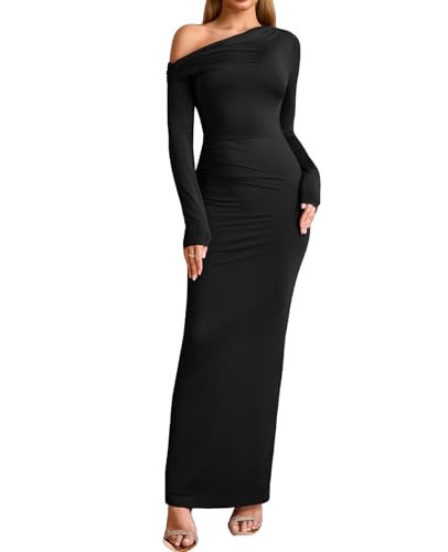 XinFSh Women's Long Sleeve Bodycon Maxi Dress One Shoulder Ruched Fall Formal Wedding Guest Cocktail Dress 2025 Black | Amazon (US)