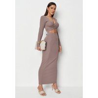 Mocha Rib Tie Back Crop Top And Maxi Skirt Co Ord Set | Missguided (US & CA)