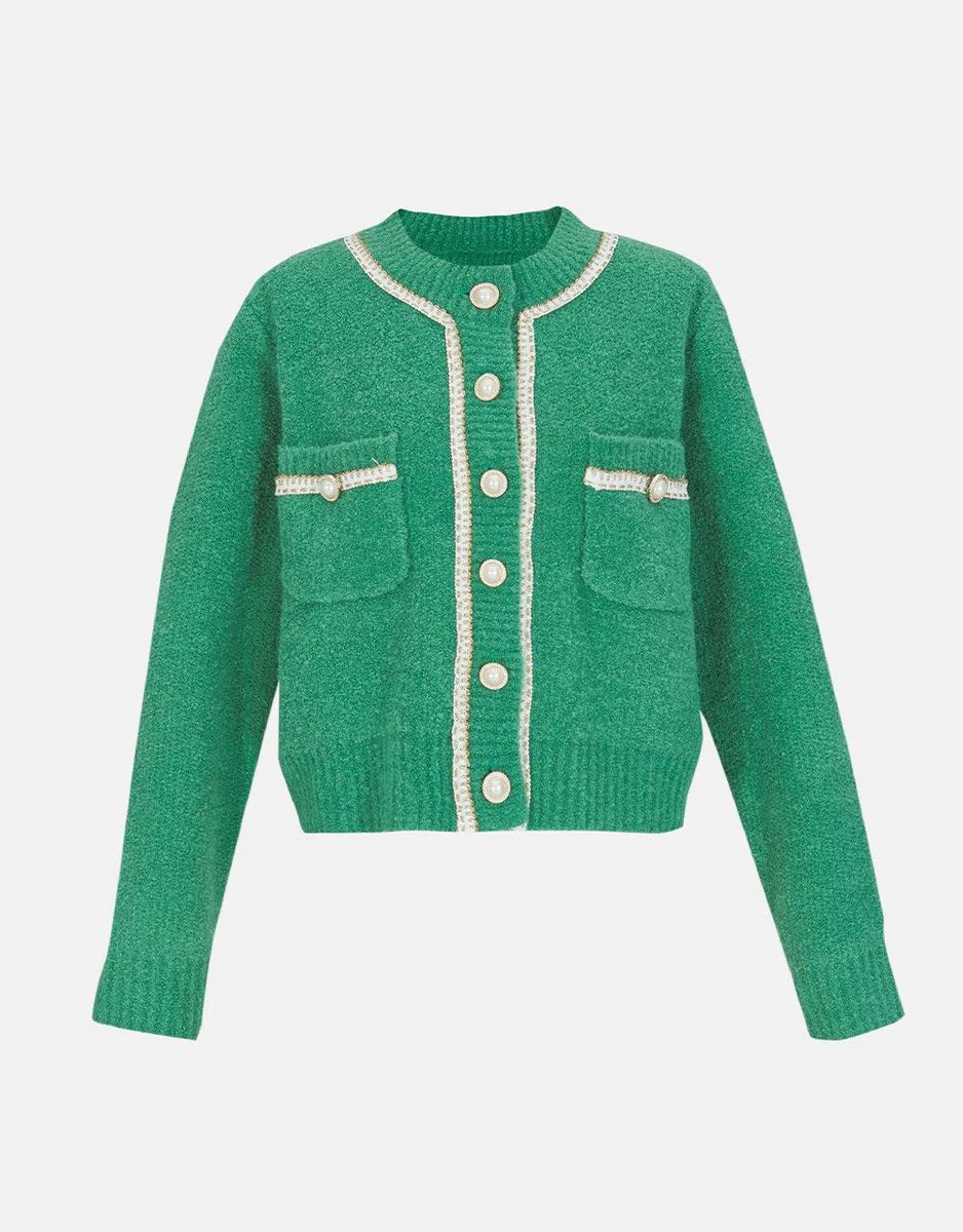 Contrast Trim Faux Pearl Button Green Cardigan | Urban Revivo