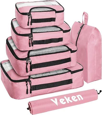 Veken 6 Set Packing Cubes, Travel Luggage Organizers with Laundry Bag & Shoe Bag (Pink) | Amazon (US)