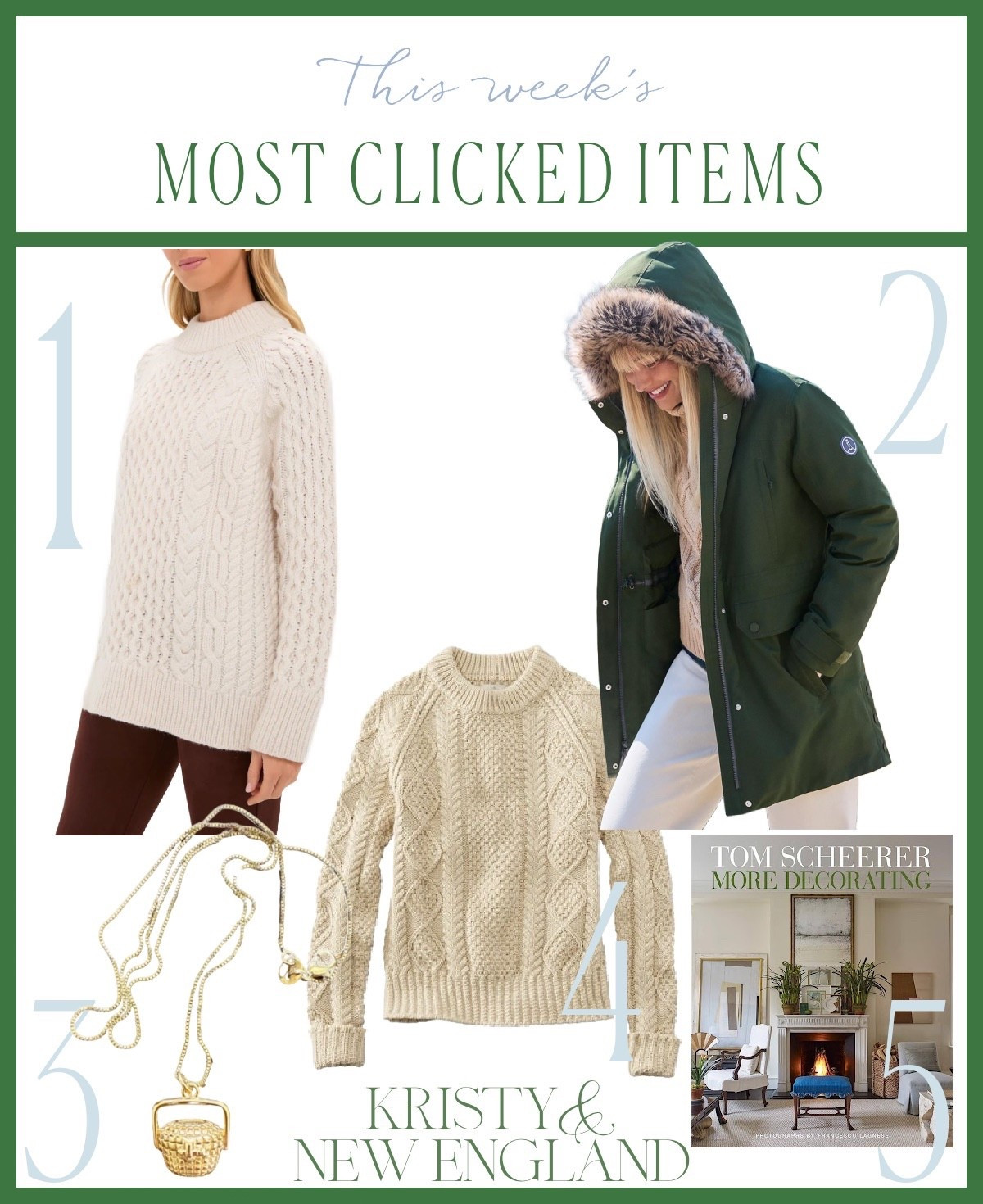 Most popular this week ✨ fisherman sweater, green parka, Nantucket basket necklace, coffee table book

#LTKHome #LTKOver40 #LTKTall
