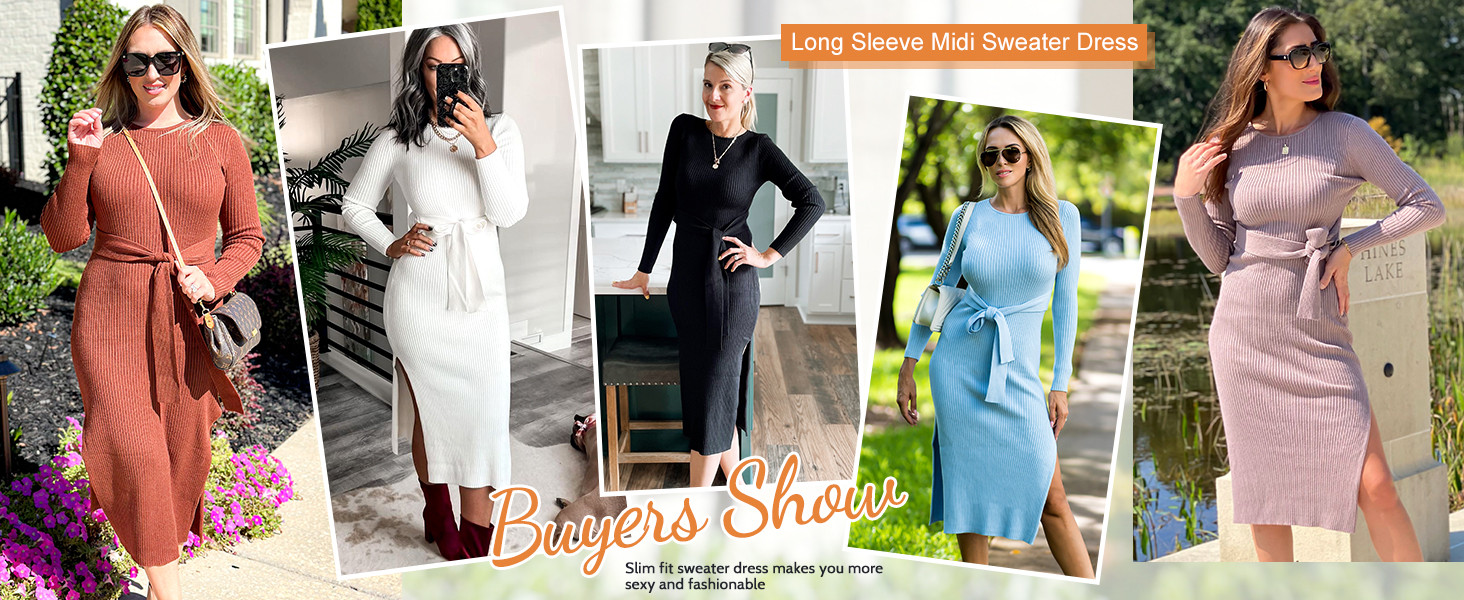 Caracilia Women's Crew Neck Long Sleeve Midi Sweater Dress Elegant Side Slit Rib Knit Slim Tie Wa... | Amazon (US)