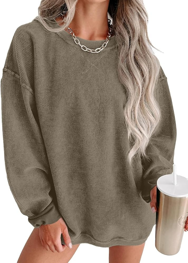 ONLYSTORY Womens Sweatshirts Casual Cored Corduroy Pullover Tops Oversized Long Sleeve Crewneck S... | Amazon (US)