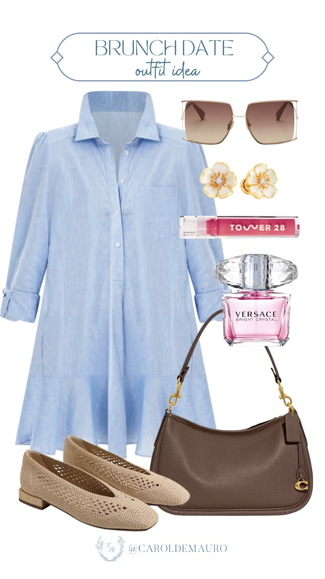 Who says brown and blue can't be paired? Because this outfit idea is proof that you totally can! A chic tunic mini shirt dress paired with neutral ballet flats and a Coach shoulder bag.

brunch outfit, spring style, carefree look, easy to wear, mom fits, petite fashion, casual chic, fashion accessories, versace

#LTKootd #LTKU #LTKSeasonal