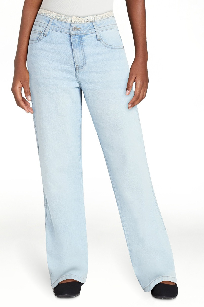 No Boundaries Lace Waist Baggy Wide Leg Jeans, 31'' Inseam, Women's 00-18 | Walmart (US)