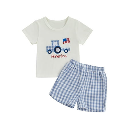 Baby Toddler Boys Summer Clothes for 4th of July, 6 12 18 24 Months 2T 3T 4T Short Sleeve Embroidery Truck T-shirt with Plaid Shorts for Independence Day | Walmart (US)